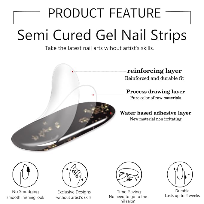 WOKOTO 1 Sheet Semi Cured Gel Nail Strips With Wood Stick, Nail File & Prepared Pads, 20 Tips Burgundy - Gold Glitter Semi Cured Nail Polish Strips, Harden With UV Light Gel Nail Wraps Stickers