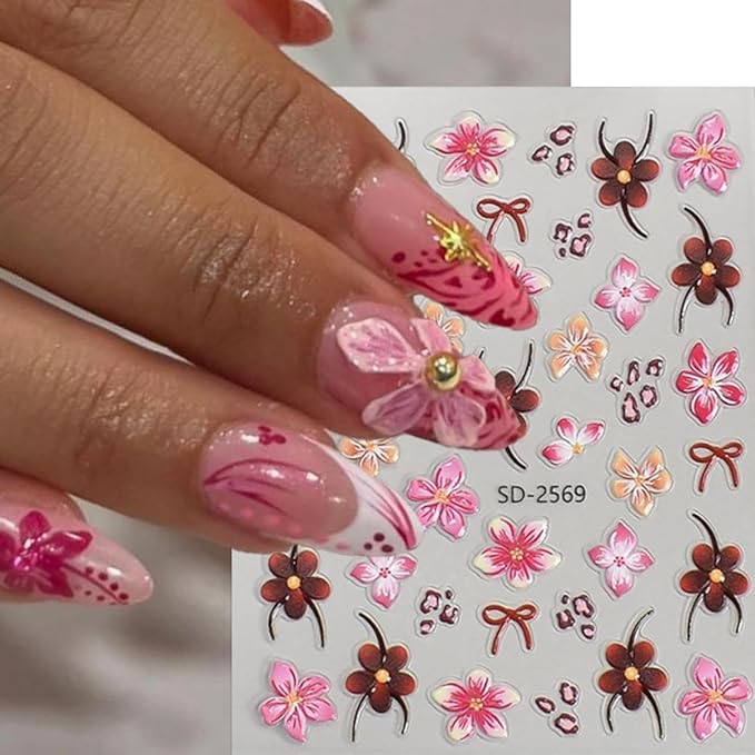 Flower Nail Art Stickers Maillard Leopard Print Nail Decals French Tips Nail Stickers for Nail Art Lily Floral Self Adhesive Relief Design Colorful Nail Sticker for Women DIY Salon Manicure 6 Sheets