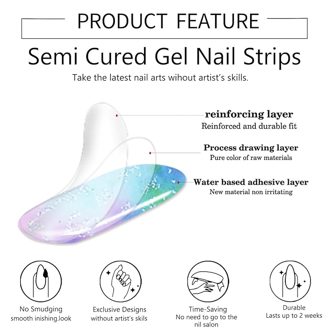 WOKOTO 1 Sheet Semi Cured Gel Nail Strips With Wood Stick, Nail File & Prepared Pads, 20 Tips Dreamy Color Semi Cured Nail Polish Strips, Harden With UV Light Gel Nail Wraps Stickers For Women Girls