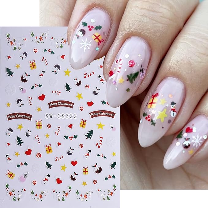 Christmas Nail Art Stickers 3D Self-Adhesive Cute Elk Gift Xmas Nail Decals Nail Art Supplies 6PCS Deer Candy Cane Gingerbread Man Cartoon Christmas Nails Design Manicure Slider Accessories for Women