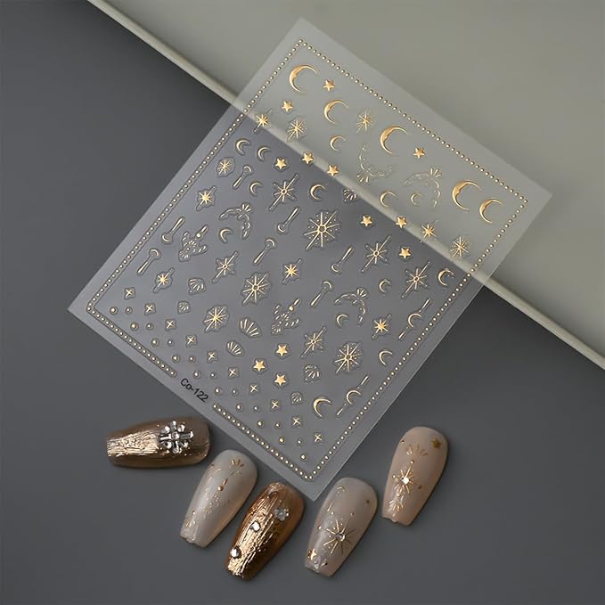 Moon Star Nail Art Stickers 5D Embossed Gold Star Nail Decals Gold Star Moon Nail Stickers for Nail Art Self-Adhesive Luxury Nail Design Star Nail Supplies for Women Girls DIY Manicure Decoration