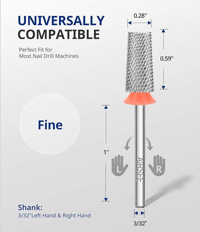 AIRSEE Tungsten Carbide Acrylic Nail Drill Bit Efile Electric File Machine Head Tip for Manicure Polishing Art Remove Gel 3/32" 2 Way Professional Tech Flat Top Tapered Barrel Fine-F