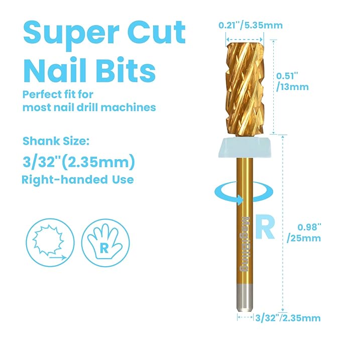 3/32'' Super Cut Nail Drill Bits for Fast Hard Gel Removal, MagiBling Tungsten Carbide Bits for Professional Users, Upward Deep Cut, Right Hand Use, Manicure Cuticle Gel Polishing, Quadruple Coarse.