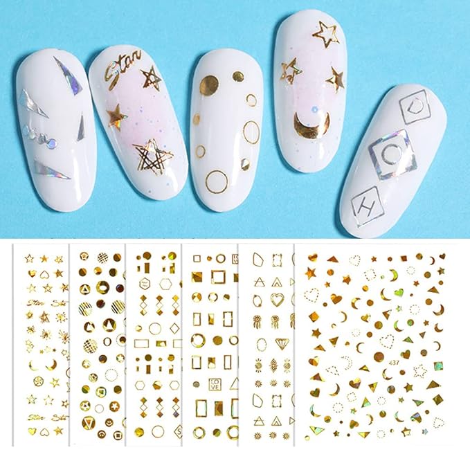 11 Sheets Gold Nail Art Stickers Decal,Stars Moon Nail Decals 3D Self-Adhesive Nail Art Supplies Metallic Stars Moon Planet Heart Glitter Nail Designs Sticker for Women DIY Acrylic Nails Decorations