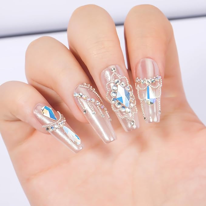 Multi Shapes Blue Moon 3D Glass Crystal Nail Rhinestones Kit Mix 0.8mm Silver Nail Round Beads Charm Flatback Gems 5 Grids Flatback Rhinestones Stone Diamond for Manicure Makeup DIY Decoration