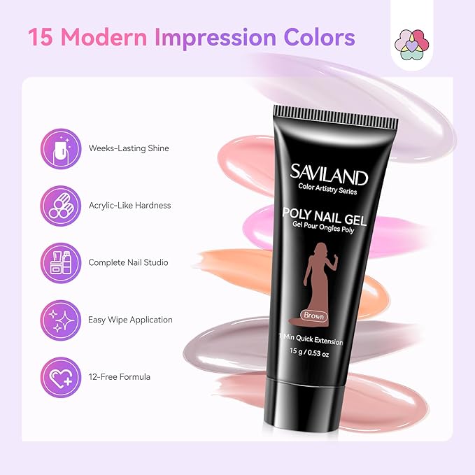 SAVILAND Poly Extension Gel Nail Kit:15 Colors Poly Nail Gel Natural Clear White Glitter Black Long Lasting with U V Light Slip Solution for Starter DIY Nail Art at Home Gifts for Ladies & Girls