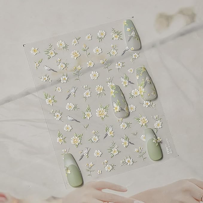 1 Sheet Flower Nail Decal with Leaf Design, Yellow White Gradient Floral Nail Art Stickers, 5D Embossed Self-Adhesive Nail Stickers for Women DIY Spring Summer Flower Manicure Art Supplies