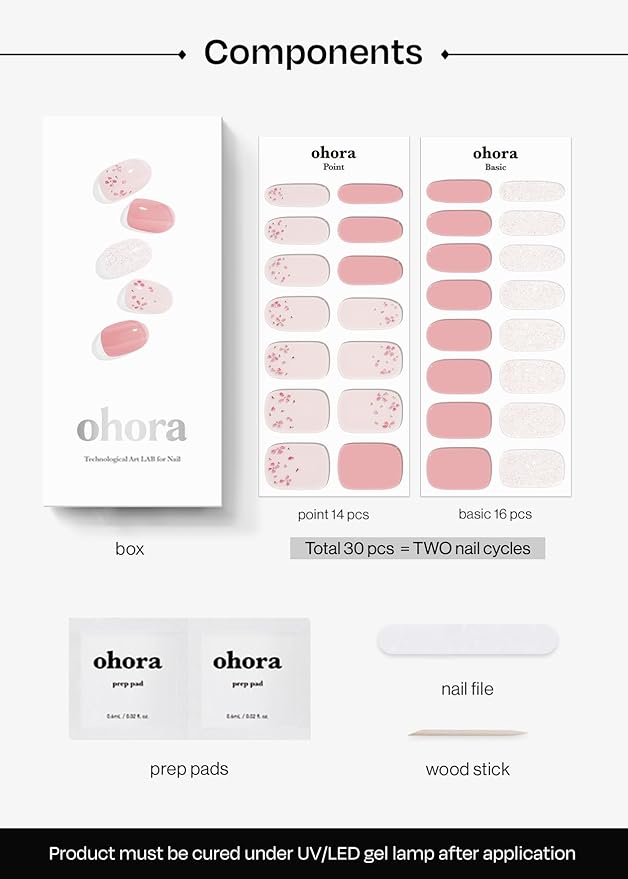 ohora Semi Cured Gel Nail Strips (N Rose Diamond) - Pink, Patterned, Works with Any UV/LED Lamps, Salon-Quality, Long Lasting, Easy to Apply & Remove - Includes 2 Prep Pads, Nail File & Wooden Stick