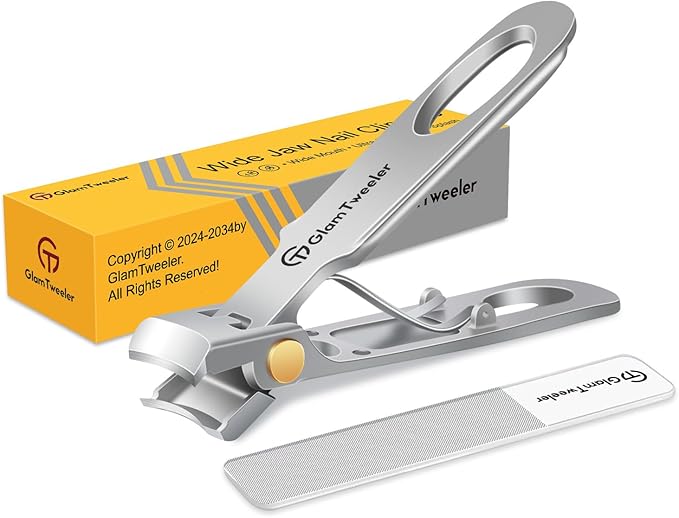 Anti-Splash Wide Jaw Opening Nail Clippers - GlamTweeler Ultra Sharp Extra Large Wide Opening Fingernail and Toenail Clipper with Glass Nail File (Silver_Curved)
