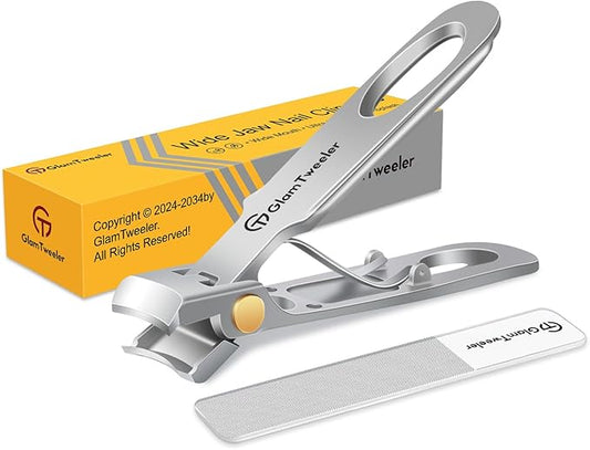 Anti-Splash Wide Jaw Opening Nail Clippers - GlamTweeler Ultra Sharp Extra Large Wide Opening Fingernail and Toenail Clipper with Glass Nail File (Silver_Curved)