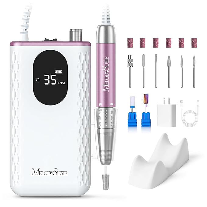MelodySusie Waist-Mounted Professional Nail Drill MM400D, 35,000RPM Portable Electric Nail File, Low Noise & Low Heat Coreless Motor Machine with 8Pcs Nail Drill Bits Kit, for Manicure at Salon & Home