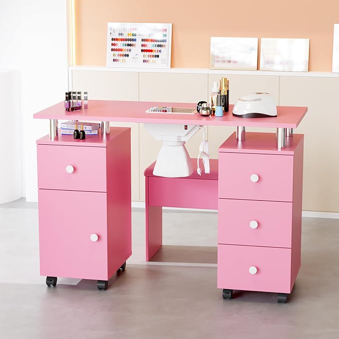 OmySalon Nail Desk and Chair Set, Manicure Table with Dust Collector, Arm Rest, 8 Wheels, Acetone Resistant Desktop, Drawers & Cabinet Storage for Makeup Beauty Salon (Pink)
