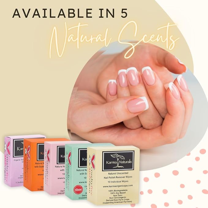 Karma Organic Unscented Nail Polish Remover Wipes, 100% Soy Based, Non-Toxic, Vegan, Cruelty-Free – Pack of 10