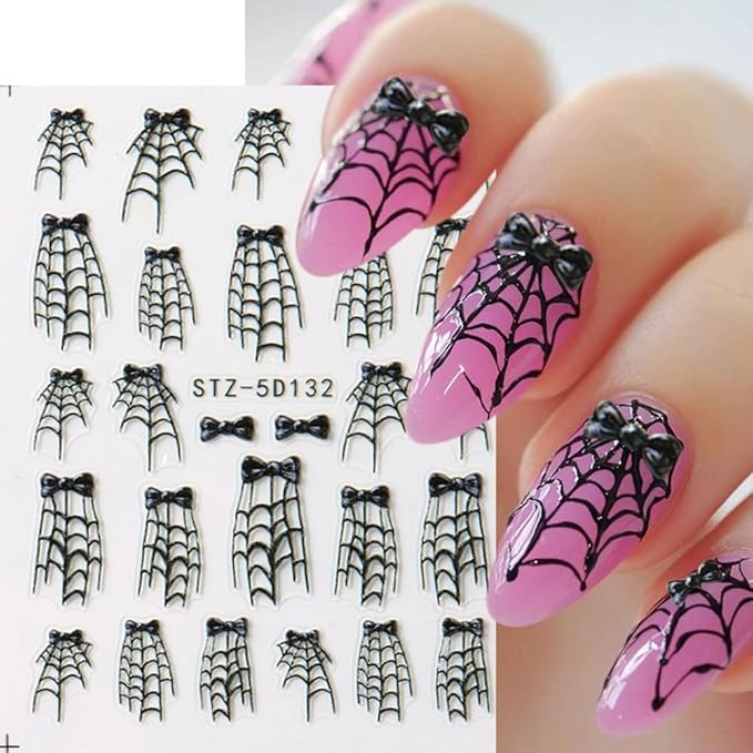 5D Halloween Nail Stickers Spider Web Nail Art Stickers Spider Bow Nail Decals Self Adhesive 3D Nail Design Sticker Cobweb Nails Decorations for Women Girls Manicure Accessories Supplies 2Pcs