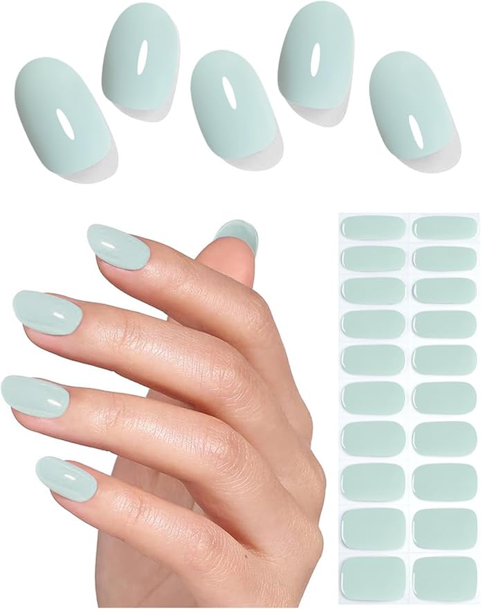 Semi Cured Gel Nail Strips, 20pcs Gray Blue Gel Nail Stickers UV for Home Nails DIY