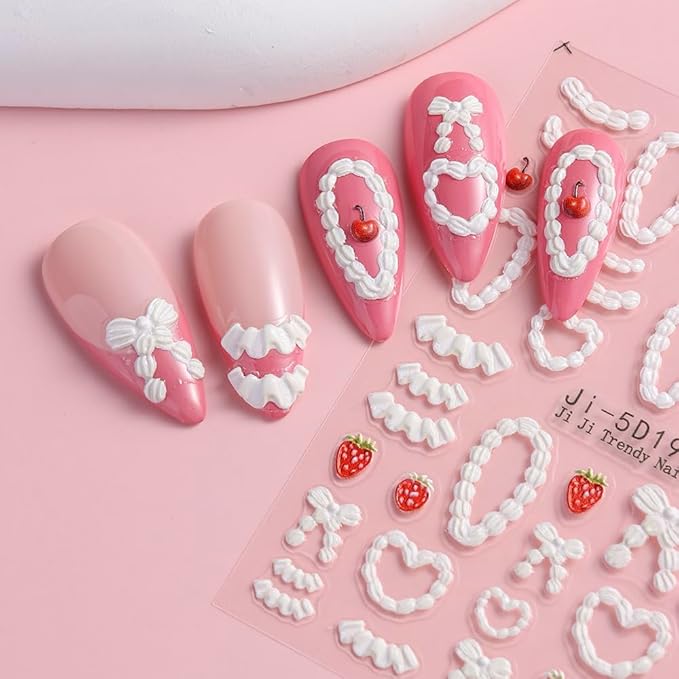 Cake Cream 5D Embossed Nail Art Stickers, 4 Sheets Cute Cream Chain Pleated Skirt Edge French Nail Decals Strawberry Cherry Rose Heart Self Adhesive DIY Nail Supplies for Women Girls