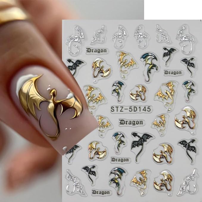 Halloween Nail Stickers 5D Metallic Dragon Snowflake Nail Art Stickers 2PCS Laser Silver Gold Bronzing 3D Fly Theme Design Self-Adhesive Winter Nail Decals Accessories for Holiday Nail Art Decorations