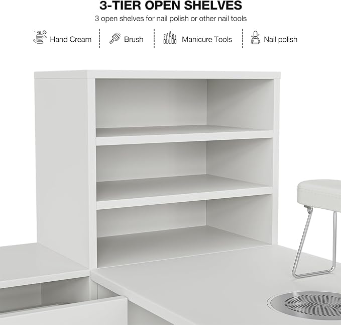 Manicure Table with Shelves, L-Shaped Nail Table Station w/Electric Downdraft Vent, Foldable Nail Arm Rest, Storage Cabinets, Drawers, Metal Handles & Legs for Nail Tech(White)
