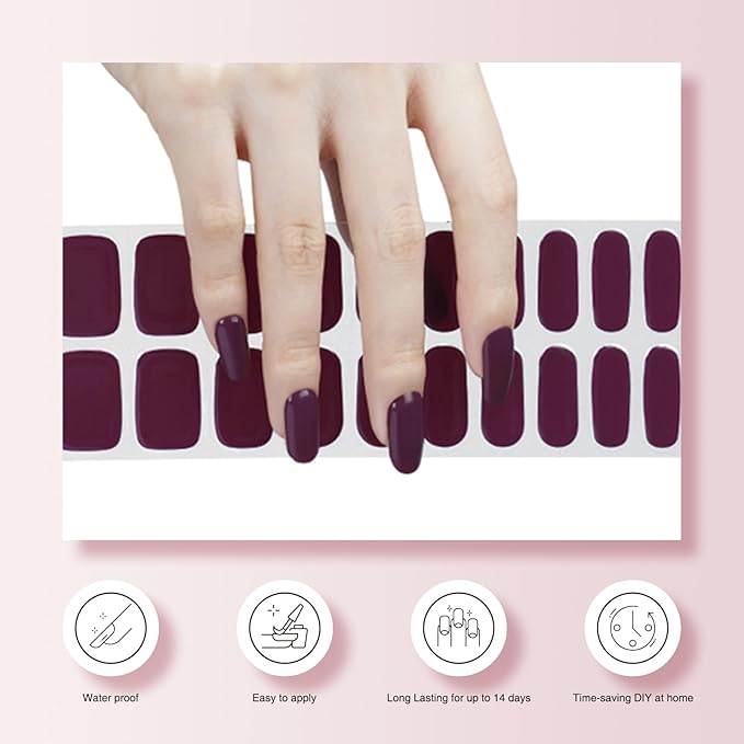 Semi Cured Gel Nail Strips, 20 PCS Gel Nail Stickers Work with UV Light, Salon Quality & Easy to Use - Dark Night Purple