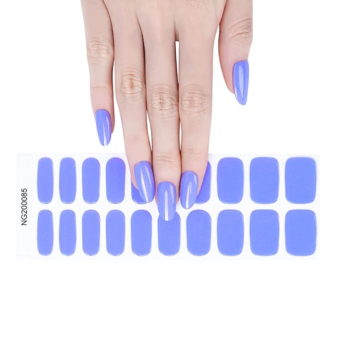 WOKOTO 20 Pcs Sky Blue Semi Cured Gel Nail Strips With Nail File & Wooden Stick, Solid Nail Polish Strips Gel Nail Stickers Full Nail Wraps For Women, Long Lasting Stick On Real Nail Polish Stickers