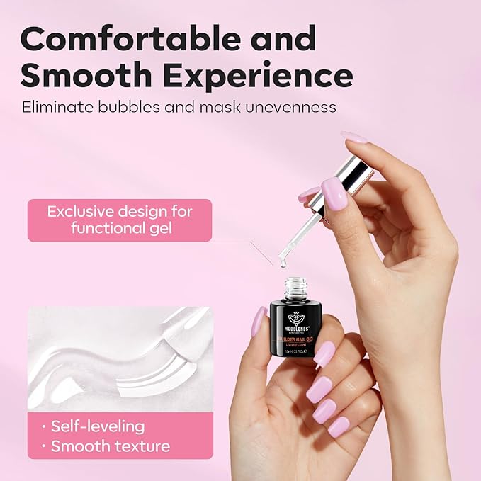 modelones Builder Nail Gel, 2 Pcs Clear and Baby Pink Builder Nail Polish, 8-in-One Rubber Base Gel Polish Pastel Pink Color Strengthener Apex Building Thickening Extension LED Lamp Cured 10ml