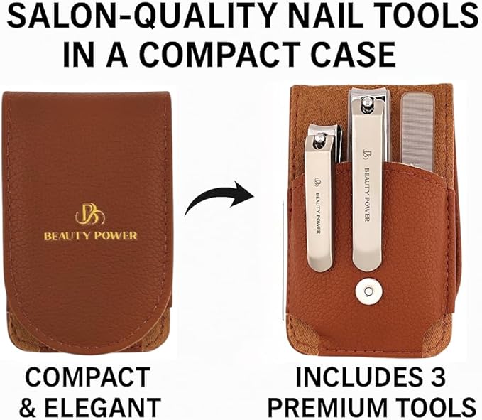 Nail Clippers Set 3 in 1 - Stainless Steel Toe Nail Clippers, Fingernail Clipper, Glass Nail File, Anti Splash, Ergonomic Grip in PU Leather Travel Case for Men & Women (Brown Case)