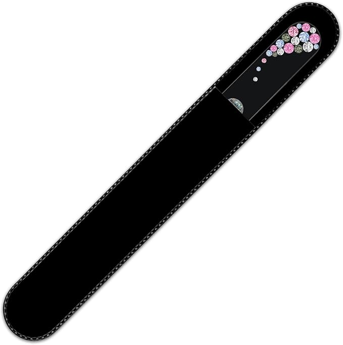 Large Size Glass Nail File Hand Decorated with Swarovski Elements, in Black Velvet Sleeve, Genuine Czech Tempered Glass, Lifetime Guarantee, Hand-Made Crystal Nail File