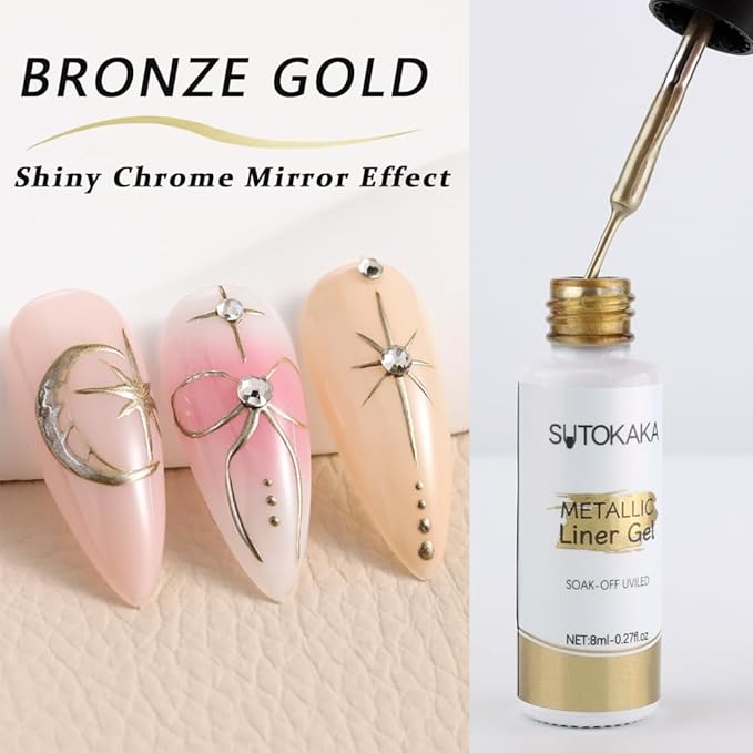 Nail Art Liner Gel Polish Set, 4pcs Metallic Silver Bronze Gold Glitter Reflective Colors Painted Drawing Stripper Gel Nail Polish Soak off Curing Requires with Thin Nail Art Brush