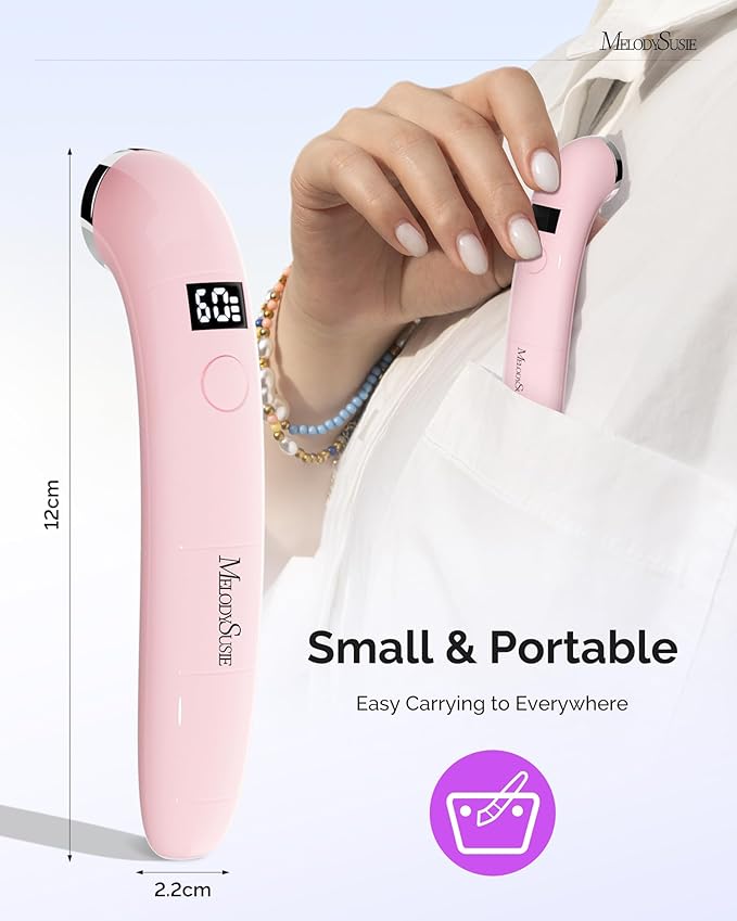 MelodySusie Handheld UV Light for Gel Nails, P-ART01A Cordless UV Nail Lamp with LCD Display& Ergonomic Design, Rechargeable LED Light Flash Cures Soft Gels, Rhinestone Glue & Liner Gel, Pink