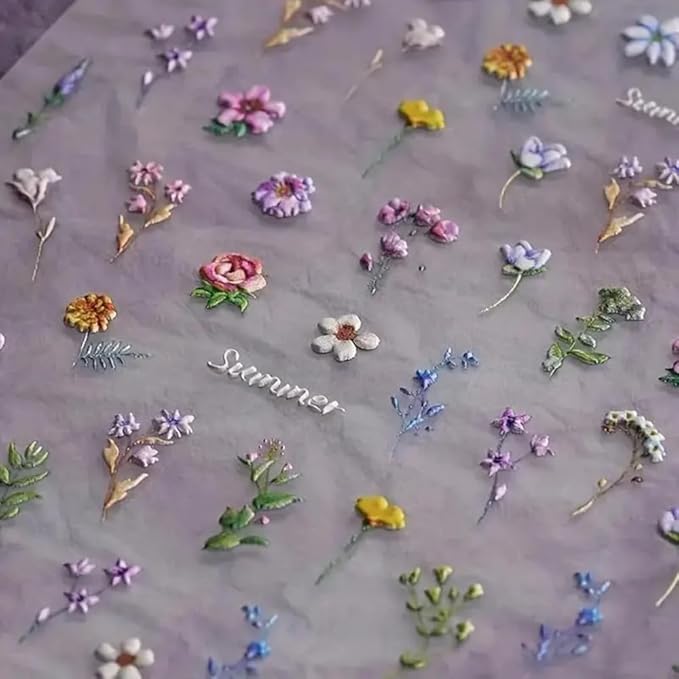 1Pcs Little Wild Flower Nail Stickers Small Daisy Nail Decals 5D Embossed Wildflower Nail Art Stickers Spring Summer Pink Yellow Blue White Green Flower Design Nail Art Decoration for Women Girls Kids