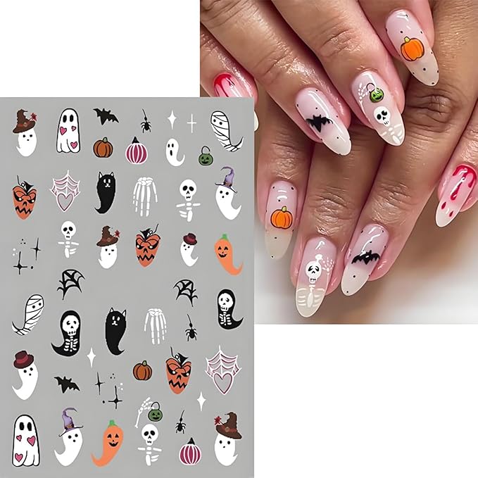 12Pcs Halloween Nail Stickers - 3D Self-Adhesive Halloween Nail Decals - Pink Ghosts Skull Pumpkin Nail Design Decorations for Halloweens DIY Manicure Supplies
