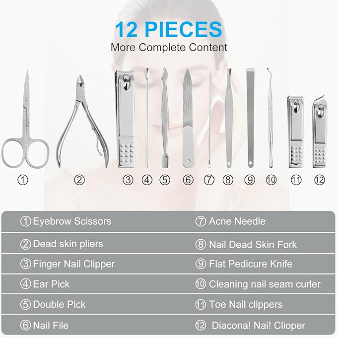 Nail Kit, Manicure Kit, Nail Care Kit for Men, Manicure Pedicure Set, Nail Clippers Toenail Clippers Kit, Professional Manicure Kit Pedicure Kit, Black Travel Case, Set of 12.