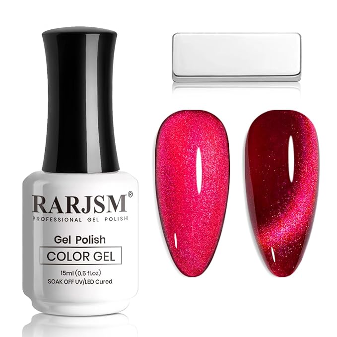 RARJSM Red Cat Eye Gel Nail Polish Diamond Dark Red Velvet Cateye Gel Polish 15ml Single Bottle with Magnet Stick Reflective Shimmer UV LED Curing Requires Soak Off for Home Salon Christmas Manicure