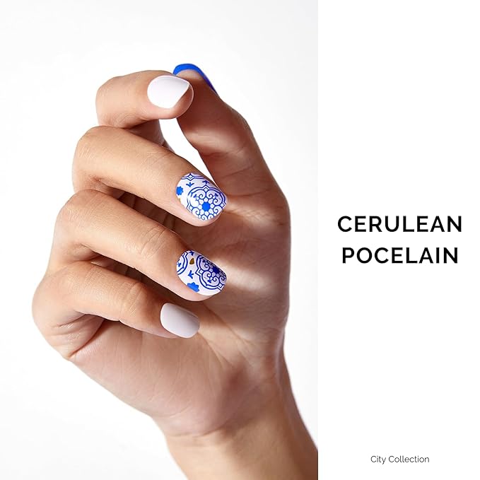 NAILOG Semi Cured Gel Strips - 34 Pcs Nail Stickers Buy 2 Get 1 UV Light | Long Lasting Wraps With Glossy Gel Finish Blue, Cerulean Porcelain