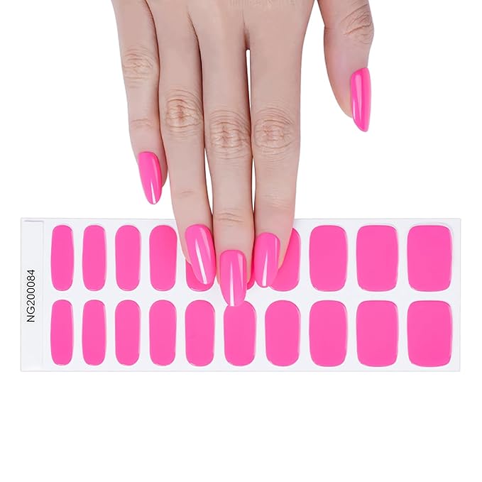 WOKOTO 20 Pcs Hotpink Semi Cured Gel Nail Strips With Nail File & Wooden Stick Nail Polish Strips Gel Nail Stickers Full Nail Wraps For Women Girls Stick On Real Nail Polish Stickers For Nails