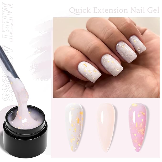 MEET ACROSS Poly Nail Gel 8Pcs Nail Extension Gel Set and Nail Extension Starter Kit for Beginners Nail Art DIY Home Gifts for Women (Pink + Gold Foil, 8pcs)