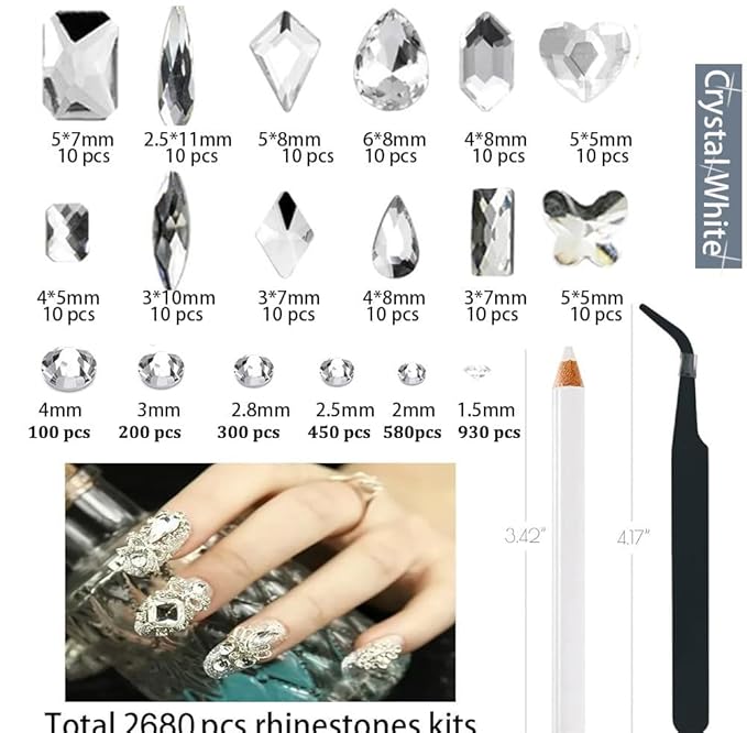 2680Pcs White Nails Rhinestones, 120Pcs Big Silver White Diamond Nail Gem Stones Charms with K9 Bling Flatback Round Beads, Clear Crystal Glass Jewelry for Nails Art Faces Eyes Makeup Decoration