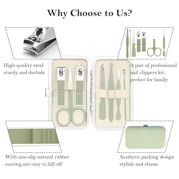 Manicure Set, Nail Clipper Kit, Nail Clipper Set, Nail Care Kit, 8 In 1 Professional Manicure Kit Personal Care, Stainless Steel Facial Pedicure Care Tools, Grooming Kit for Women Men, Green