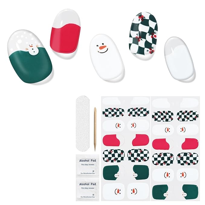 Christmas Semi Cured Gel Nail Strips, 28 pcs Gel Nail Stickers Christmas Tree Snowman Work with Any UV Lamps, Long-Lasting Nail Art Wraps Polish Elk, Salon-Quality, Easy to Apply