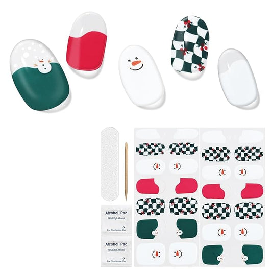 Christmas Semi Cured Gel Nail Strips, 28 pcs Gel Nail Stickers Christmas Tree Snowman Work with Any UV Lamps, Long-Lasting Nail Art Wraps Polish Elk, Salon-Quality, Easy to Apply