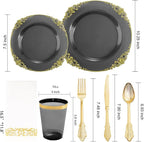 Nervure 175Pcs Black Plastic Plates, Plastic Dinnerware Set - Image 7