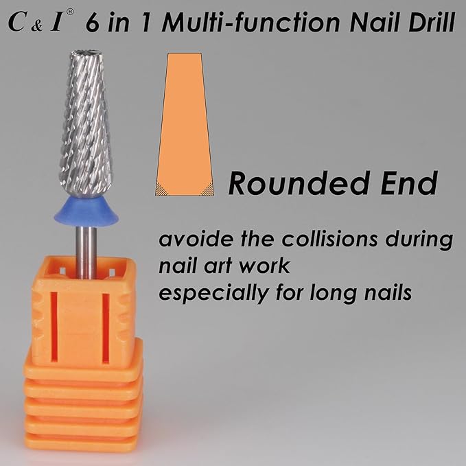 C & I Nail Drill Bit 6 in 1 Multi-function Rounded End E File, Tungsten Steel CNC Overall Cutting, Manicure Tool for Nail Tech Quick Remove Nail Gels, Acrylic Nails (Original, Middle -M)