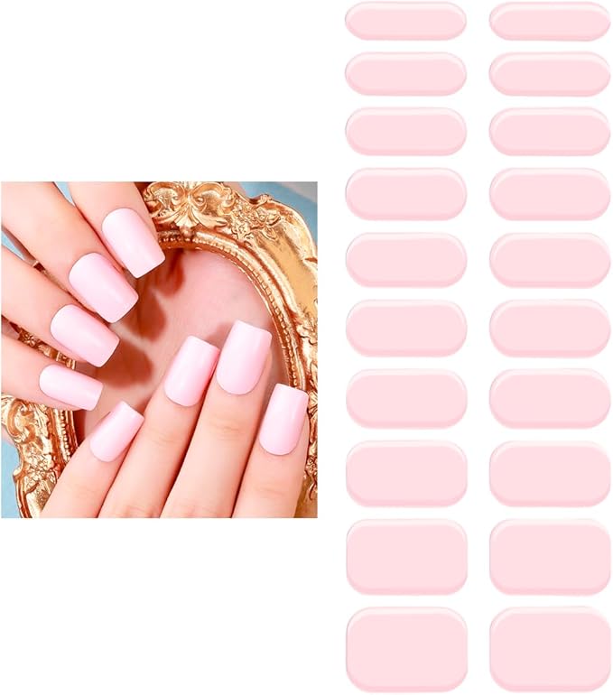 Gel Nail Strips 20 Pcs Wraps - Pink, Solid, Easy Apply Gel Nail Stickers Long Lasting, Salon-Quality, 2 Prep Pads, 1 File, 1 Wooden Stick, UV Light Required
