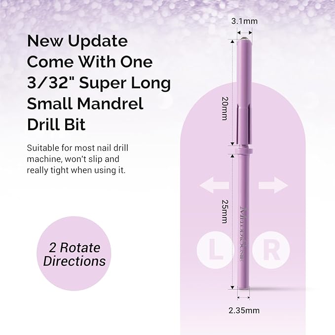 MelodySusie 50 Pcs Nail Drill Bits Super Long Small Sanding Bands with 3.1mm Crystal Mandrel Bit, 180 Fine Grit Nail File for Acrylic Nails Gel Manicures and Pedicure, Purple
