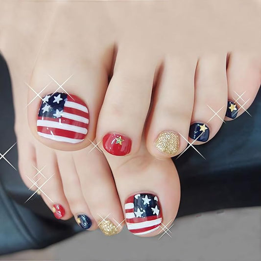 Fourth of July American Flag Press-On Toenails Short Square False Toenails Independence Day Glitter Full Coverage False Toenail Stickers Women Girls Independence Day Nail Art Decorations 24 Pieces
