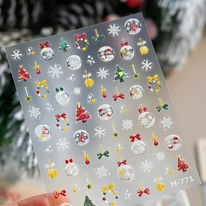 5D Embossed Christmas Nail Sticker Snowman Xmas Tree Snowflake Wreath Nail Art Sticker Self Adhesive Nail Decals for Women Girls Winter Holiday Manicure DIY Nails Supplies