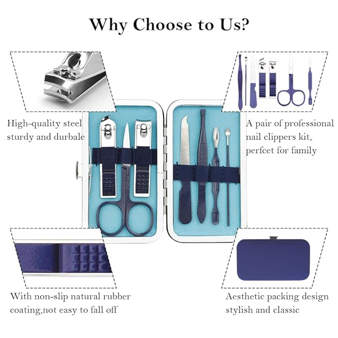 Manicure Set, Nail Clipper Kit, Nail Clipper Set, Nail Care Kit, 8 In 1 Professional Manicure Kit Personal Care, Stainless Steel Facial Pedicure Care Tools, Grooming Kit for Women Men, Blue