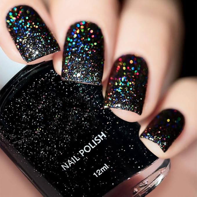 COSMOO Black Glitter Quick Dry Nail Polish, 12ml, Chip Resistant, Vegan, Fast Drying, Streak, Long Lasting