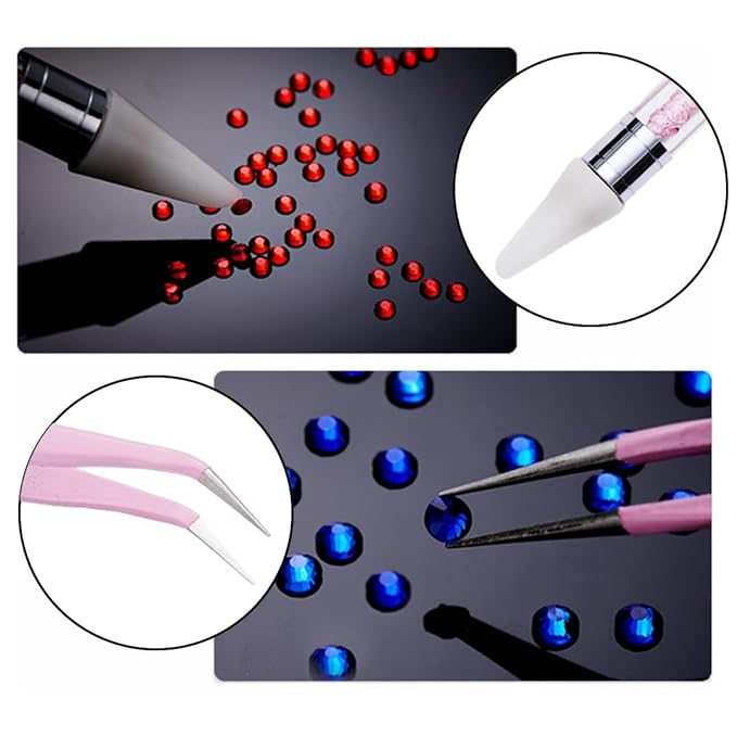 12 grid flat back Rhinestones with Tweezers and Wax Pencil Gems , DIY decorative Nail Face and apparel accessories (mixed color,crystal AB and starry sky)