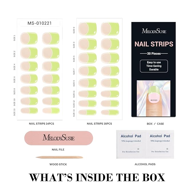 MelodySusie 30PCS Semi Cured Gel Nail Strips (Pastel Green French Tips), Works with Nail lamp, Salon Quality, Long Lasting, Easy to Apply and Remove, Includes 2 Prep Pads, Nail File and Wooden Stick